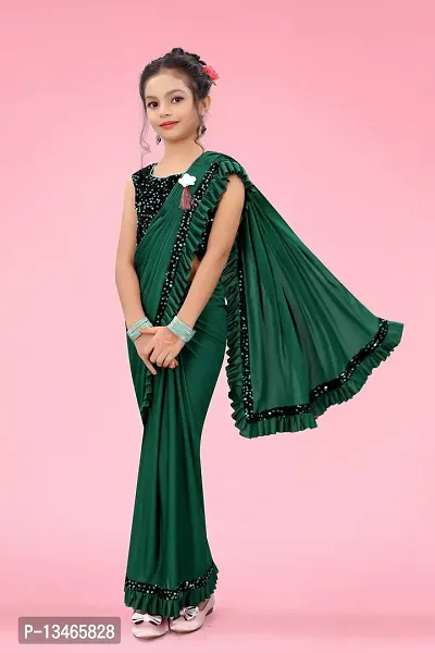 AADHYA CREATION WITH AC Girls Lycra Blend Regular Fit Kids Solid Bollywood Style Saree with Unstiched Velvet Blouse Piece (Green,14-15 Years)(4.5m)-thumb3