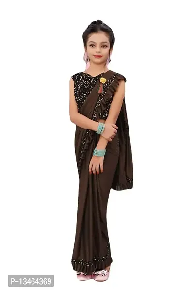 AADHYA CREATION WITH AC Girls Lycra Blend Regular Fit Kids Solid Bollywood Style Saree with Unstiched Velvet Blouse Piece (Brown,9-10 Years)(4.5m)-thumb0