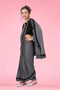 AADHYA CREATION WITH AC Girls Lycra Blend Regular Fit Kids Solid Bollywood Style Saree with Unstiched Velvet Blouse Piece (Grey,11-12 Years)(4.5m)-thumb2