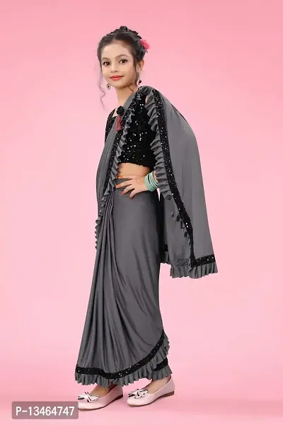 AADHYA CREATION WITH AC Girls Lycra Blend Regular Fit Kids Solid Bollywood Style Saree with Unstiched Velvet Blouse Piece (Grey,11-12 Years)(4.5m)-thumb3