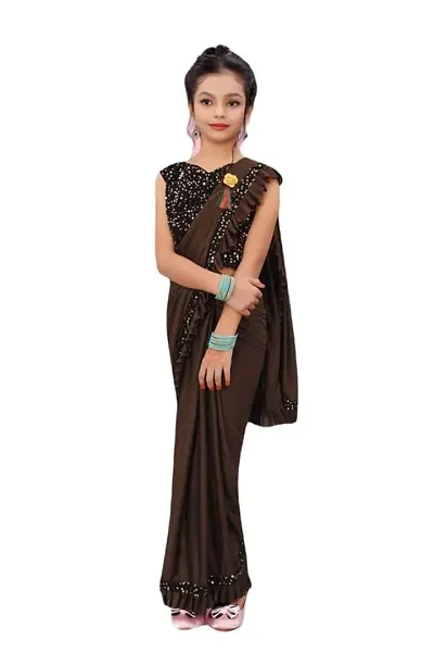 AADHYA CREATION WITH AC Girls Lycra Blend Regular Fit Kids Solid Bollywood Style Saree with Unstiched Velvet Blouse Piece (Brown,12-13 Years)(4.5m)