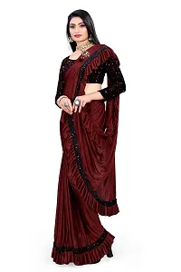 AADHYA CREATION WITH AC Women's Lycra Blend Regular Fit Bollywood Style Saree with Unstiched Velvet Blouse Piece (Maroon)-thumb1