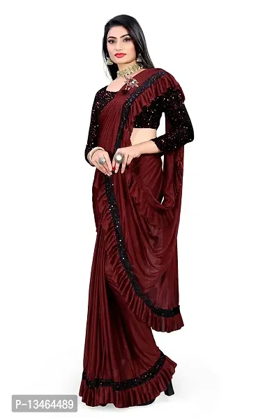 AADHYA CREATION WITH AC Women's Lycra Blend Regular Fit Bollywood Style Saree with Unstiched Velvet Blouse Piece (Maroon)-thumb2