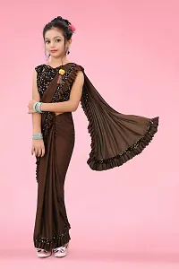 AADHYA CREATION WITH AC Girls Lycra Blend Regular Fit Kids Solid Bollywood Style Saree with Unstiched Velvet Blouse Piece (Brown,9-10 Years)(4.5m)-thumb3