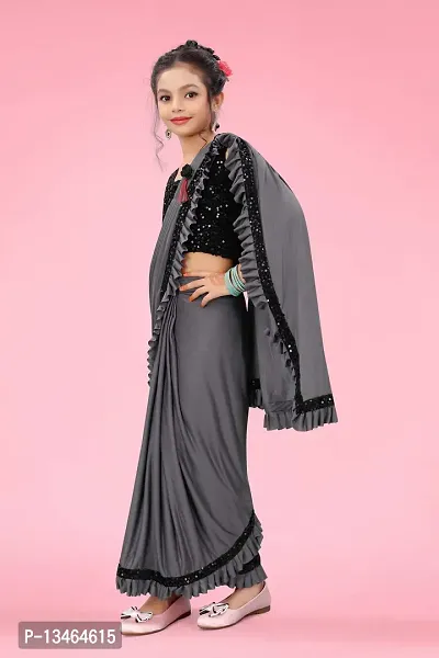 AADHYA CREATION WITH AC Girls Lycra Blend Regular Fit Kids Solid Bollywood Style Saree with Unstiched Velvet Blouse Piece (Grey,12-13 Years)(4.5m)-thumb3