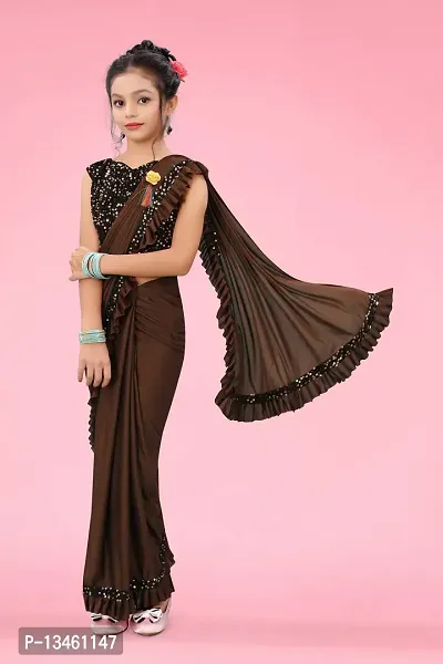 AADHYA CREATION WITH AC Girls Lycra Blend Regular Fit Kids Solid Bollywood Style Saree with Unstiched Velvet Blouse Piece (Brown,14-15 Years)(4.5m)-thumb4