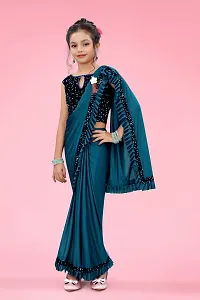 AADHYA CREATION WITH AC Girls Lycra Blend Regular Fit Kids Solid Bollywood Style Saree with Unstiched Velvet Blouse Piece (Firoji,6-7 Years)(4.5m)-thumb2