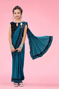 AADHYA CREATION WITH AC Girls Lycra Blend Regular Fit Kids Solid Bollywood Style Saree with Unstiched Velvet Blouse Piece (Firoji,6-7 Years)(4.5m)-thumb3