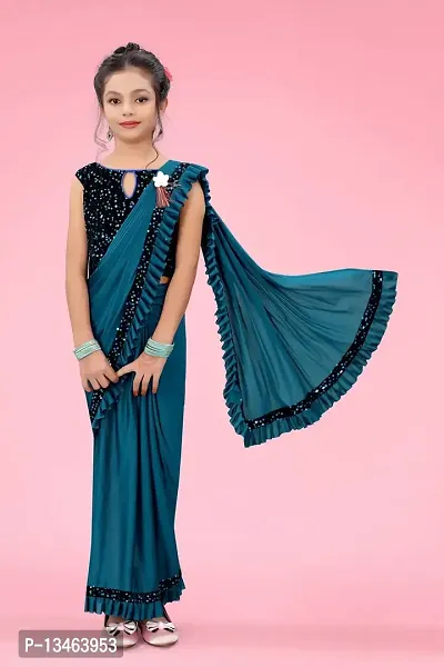 AADHYA CREATION WITH AC Girls Lycra Blend Regular Fit Kids Solid Bollywood Style Saree with Unstiched Velvet Blouse Piece (Firoji,6-7 Years)(4.5m)-thumb4