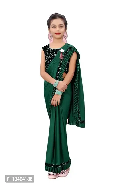 AADHYA CREATION WITH AC Girls Lycra Blend Regular Fit Kids Solid Bollywood Style Saree with Unstiched Velvet Blouse Piece (Green,5-6 Years)(4.5m)-thumb0