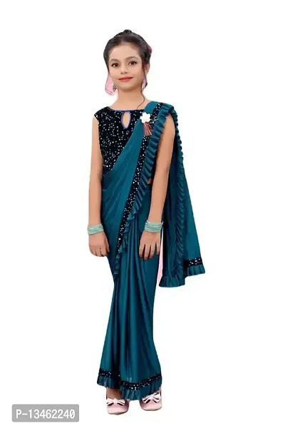 AADHYA CREATION WITH AC Girls Lycra Blend Regular Fit Kids Solid Bollywood Style Saree with Unstiched Velvet Blouse Piece (Firoji,12-13 Years)(4.5m)-thumb0