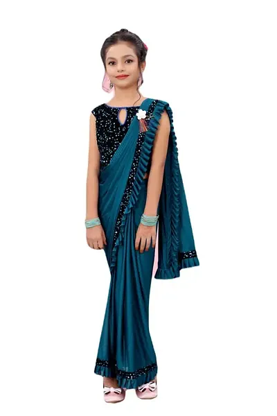 AADHYA CREATION WITH AC Girls Lycra Blend Regular Fit Kids Solid Bollywood Style Saree with Unstiched Velvet Blouse Piece (Firoji,8-9 Years)(4.5m)