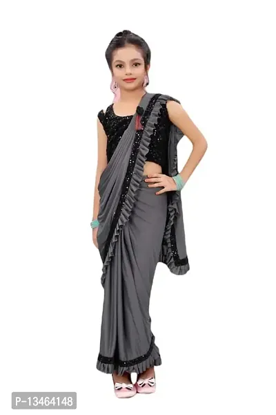 AADHYA CREATION WITH AC Girls Lycra Blend Regular Fit Kids Solid Bollywood Style Saree with Unstiched Velvet Blouse Piece (Grey,13-14 Years)(4.5m)-thumb0