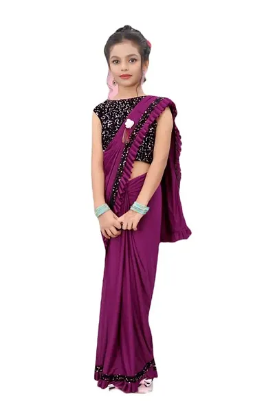 AADHYA CREATION WITH AC Girls Lycra Blend Regular Fit Kids Solid Bollywood Style Saree with Unstiched Velvet Blouse Piece (Wine,10-11 Years)(4.5m)