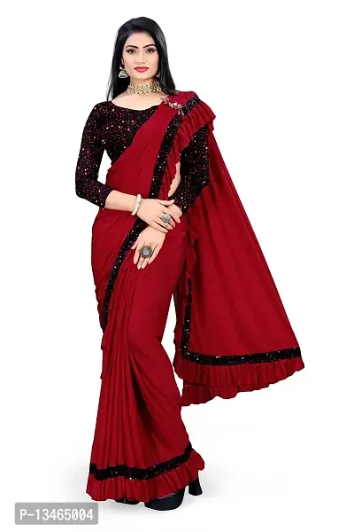 AADHYA CREATION WITH AC Women's Lycra Blend Regular Fit Bollywood Style Saree with Unstiched Velvet Blouse Piece (Red)