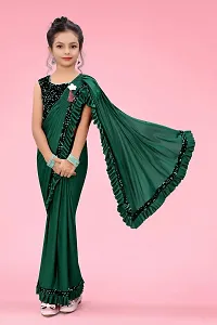 AADHYA CREATION WITH AC Girls Lycra Blend Regular Fit Kids Solid Bollywood Style Saree with Unstiched Velvet Blouse Piece (Green,14-15 Years)(4.5m)-thumb3