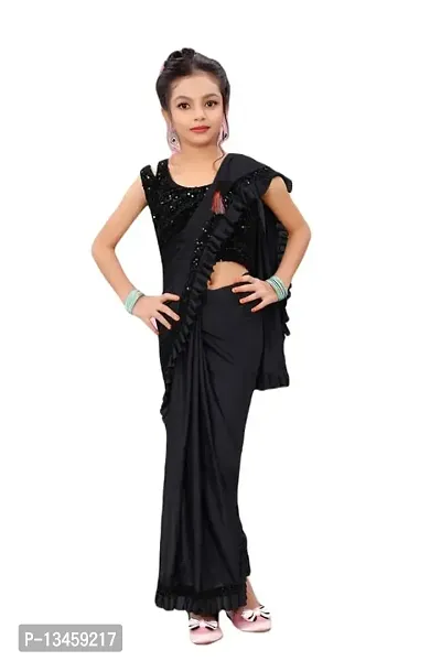 AADHYA CREATION WITH AC Girls Lycra Blend Regular Fit Kids Solid Bollywood Style Saree with Unstiched Velvet Blouse Piece (Black,14-15 Years)(4.5m)-thumb0