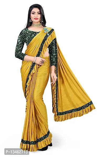 AADHYA CREATION WITH AC Women's Lycra Blend Regular Fit Bollywood Style Saree with Unstiched Velvet Blouse Piece (Yellow)