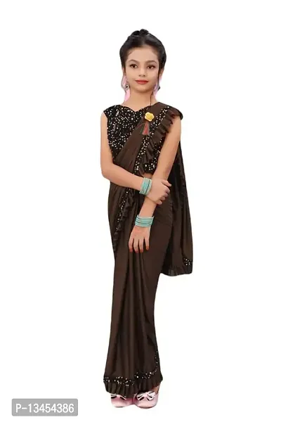 AADHYA CREATION WITH AC Girls Lycra Blend Regular Fit Kids Solid Bollywood Style Saree with Unstiched Velvet Blouse Piece (Brown,7-8 Years)(4.5m)-thumb0