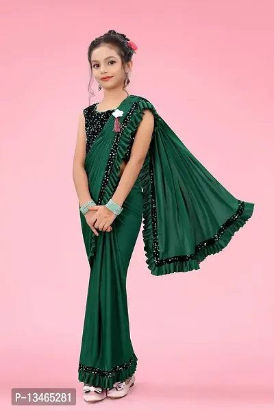 AADHYA CREATION WITH AC Girls Lycra Blend Regular Fit Kids Solid Bollywood Style Saree with Unstiched Velvet Blouse Piece (Green,12-13 Years)(4.5m)-thumb3