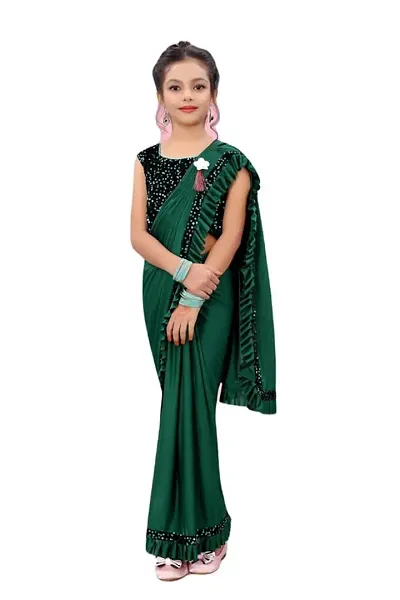 AADHYA CREATION WITH AC Girls Lycra Blend Regular Fit Kids Solid Bollywood Style Saree with Unstiched Velvet Blouse Piece (Green,9-10 Years)(4.5m)