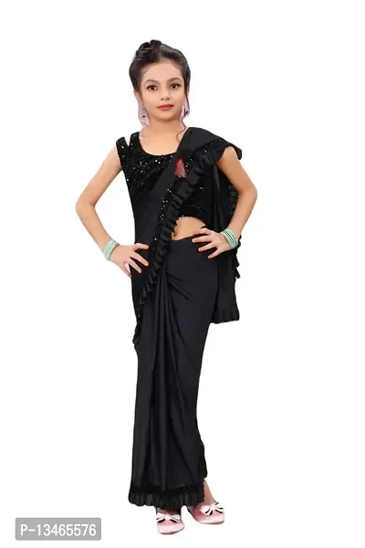 AADHYA CREATION WITH AC Girls Lycra Blend Regular Fit Kids Solid Bollywood Style Saree with Unstiched Velvet Blouse Piece (Black,15-16 Years)(4.5m)-thumb0