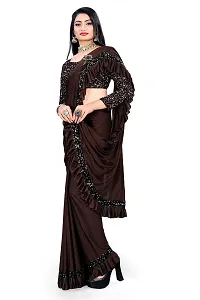 AADHYA CREATION WITH AC Women's Lycra Blend Regular Fit Bollywood Style Saree with Unstiched Velvet Blouse Piece (Coffee)-thumb1