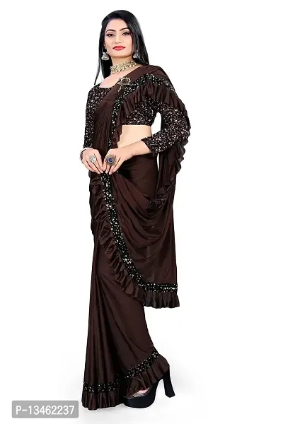 AADHYA CREATION WITH AC Women's Lycra Blend Regular Fit Bollywood Style Saree with Unstiched Velvet Blouse Piece (Coffee)-thumb2