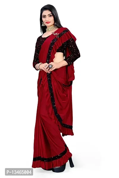 AADHYA CREATION WITH AC Women's Lycra Blend Regular Fit Bollywood Style Saree with Unstiched Velvet Blouse Piece (Red)-thumb2