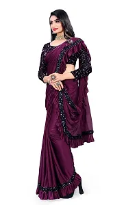 AADHYA CREATION WITH AC Women's Lycra Blend Regular Fit Bollywood Style Saree with Unstiched Velvet Blouse Piece (Wine)-thumb1