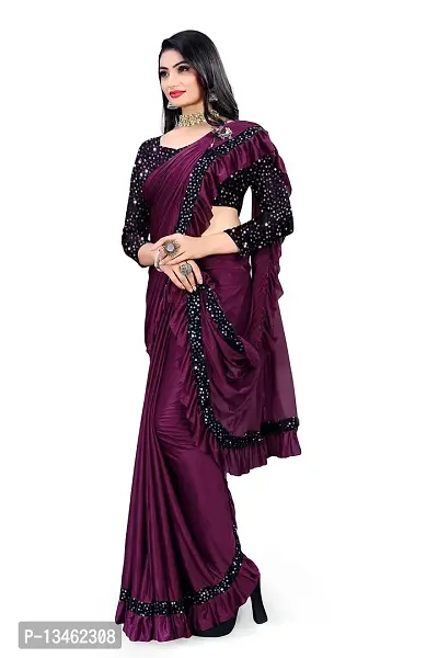 AADHYA CREATION WITH AC Women's Lycra Blend Regular Fit Bollywood Style Saree with Unstiched Velvet Blouse Piece (Wine)-thumb2