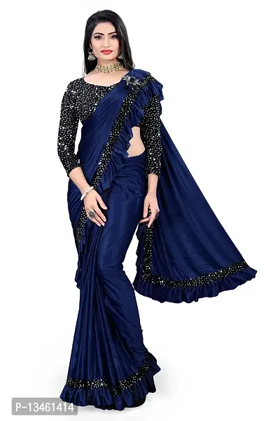 AADHYA CREATION WITH AC Women's Lycra Blend Regular Fit Bollywood Style Saree with Unstiched Velvet Blouse Piece (Navy Blue)