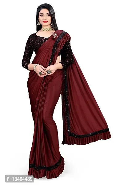 AADHYA CREATION WITH AC Women's Lycra Blend Regular Fit Bollywood Style Saree with Unstiched Velvet Blouse Piece (Maroon)