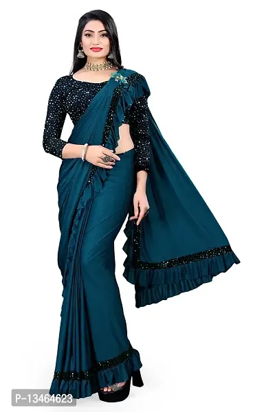 AADHYA CREATION WITH AC Women's Lycra Blend Regular Fit Bollywood Style Saree with Unstiched Velvet Blouse Piece (Firoji)