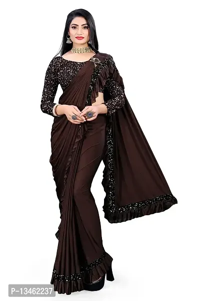 AADHYA CREATION WITH AC Women's Lycra Blend Regular Fit Bollywood Style Saree with Unstiched Velvet Blouse Piece (Coffee)