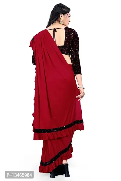 AADHYA CREATION WITH AC Women's Lycra Blend Regular Fit Bollywood Style Saree with Unstiched Velvet Blouse Piece (Red)-thumb3