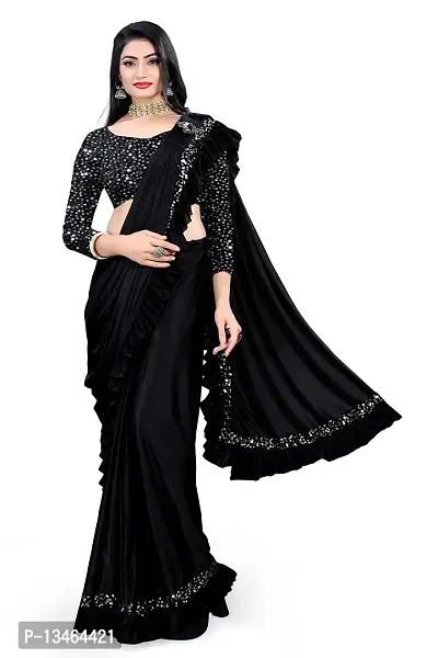 AADHYA CREATION WITH AC Women's Lycra Blend Regular Fit Bollywood Style Saree with Unstiched Velvet Blouse Piece (Black)