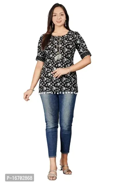 Women's Rayon Floral Printed Pom Pom Top-thumb1