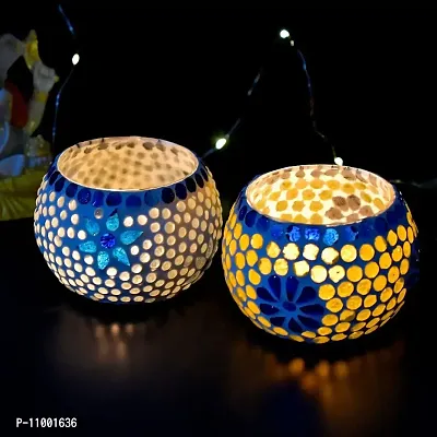 Yalambar Tealight Candle Holder Mosaic Glass Design - Ideal for Diwali Decorations Items Home Diwali Gifts (Pack of 2)