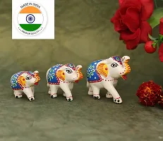 Rajasthani Art Shop Ethnic Indian Paper Mashe Elephant Showpiece Home, Office, Table Decor, Best Return Gift Made - Set of 3 (White and Blue)-thumb2