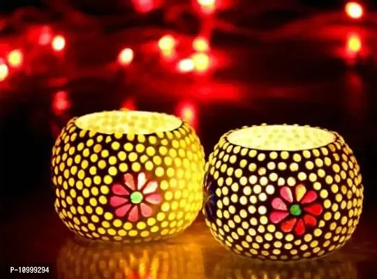 Yalambar Tealight Candle Holder Mosaic Glass Design - Ideal for Diwali Decorations Items Home Diwali Gifts (Pack of 2)-thumb0