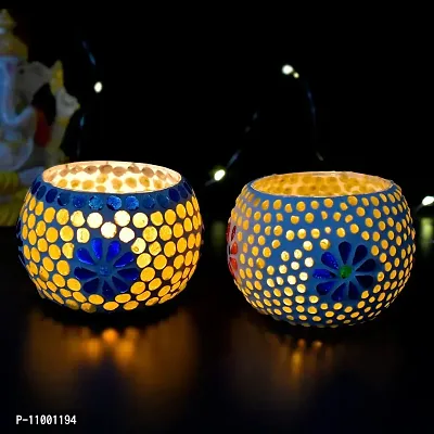Yalambar Tealight Candle Holder Mosaic Glass Design - Ideal for Diwali Decorations Items Home Diwali Gifts (Pack of 2)