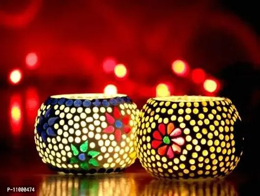 Yalambar Tealight Candle Holder Mosaic Glass Design - Ideal for Diwali Decorations Items Home Diwali Gifts (Pack of 2)