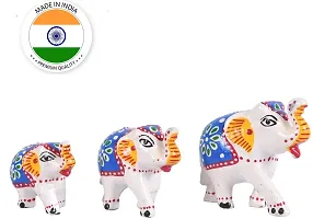 Rajasthani Art Shop Ethnic Indian Paper Mashe Elephant Showpiece Home, Office, Table Decor, Best Return Gift Made - Set of 3 (White and Blue)-thumb1