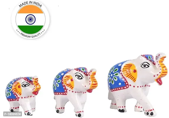 Rajasthani Art Shop Ethnic Indian Paper Mashe Elephant Showpiece Home, Office, Table Decor, Best Return Gift Made - Set of 3 (White and Blue)-thumb2