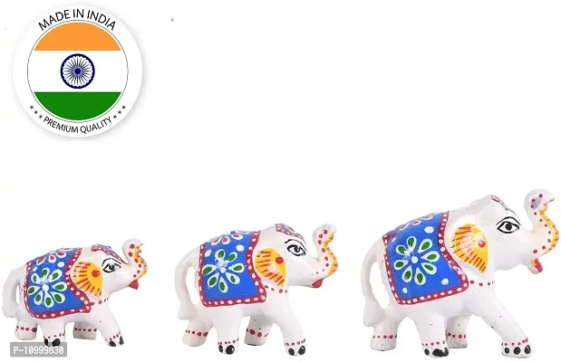 Rajasthani Art Shop Ethnic Indian Paper Mashe Elephant Showpiece Home, Office, Table Decor, Best Return Gift Made - Set of 3 (White and Blue)