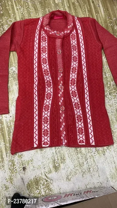 Comfortable Front-Open Red Acrylic Sweater For Women