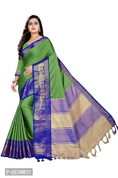 Jacquard Banarasi Saree with peacock woven pattern and tussels(latkan) border at pallu (Green)-thumb0