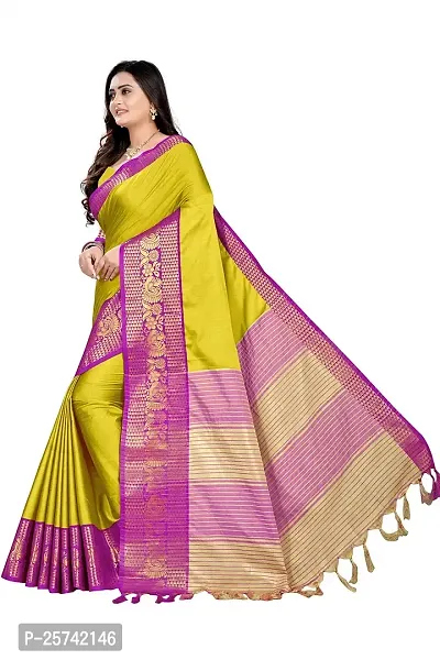 Jacquard Banarasi Saree with peacock woven pattern and tussels(latkan) border at pallu (Yellow)-thumb3