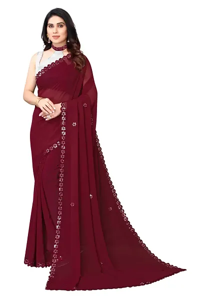 Women Georgette mirror border saree with Unstitched Blouse Piecee